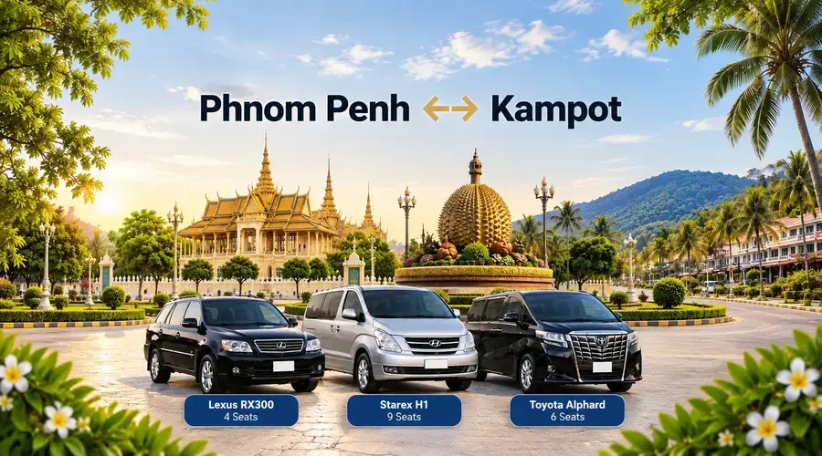 Phnom Penh to Kampot Taxi – Cambodia Tour Taxi private transfer service with comfortable vehicles connecting Phnom Penh to Kampot, Cambodia.