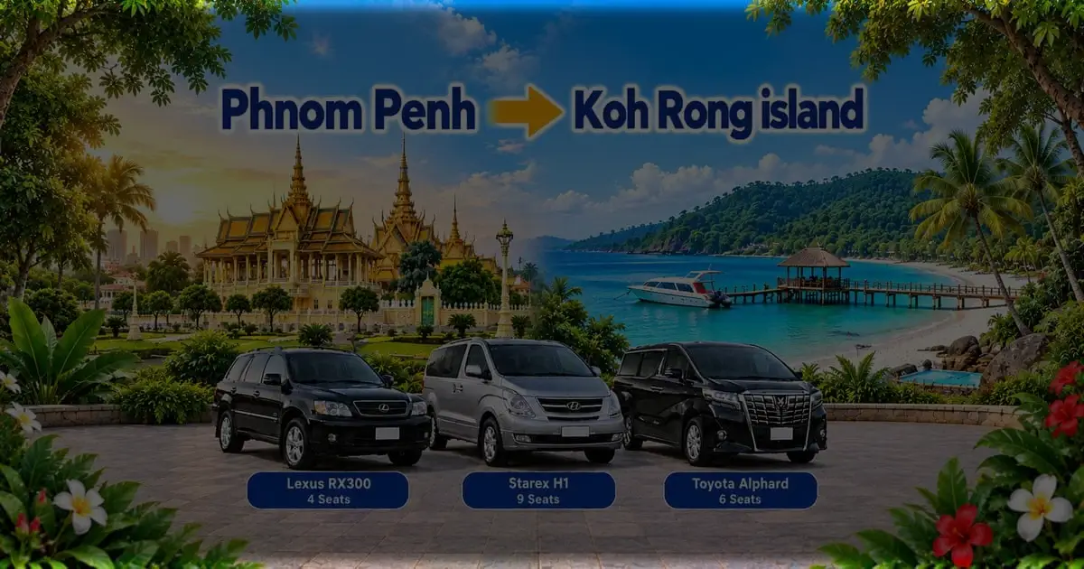 Phnom Penh to Koh Rong Port Transfer – Cambodia Tour Taxi private taxi service transporting travelers from Phnom Penh to the Sihanoukville ferry port for onward travel to Koh Rong Island, Cambodia.