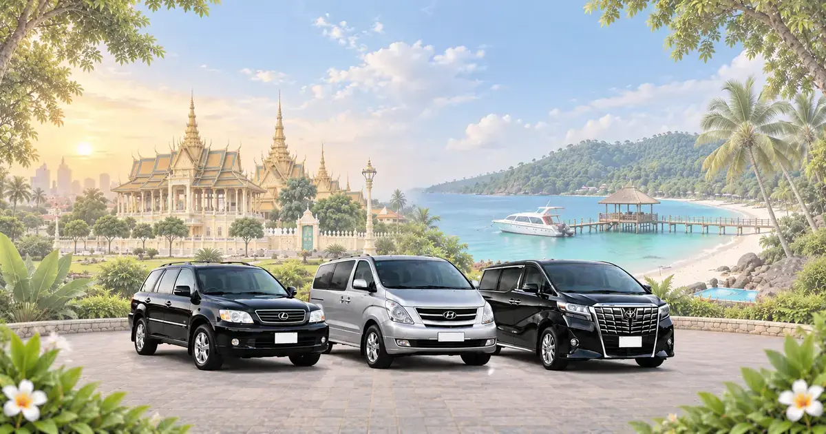 Phnom Penh to Koh Rong Port Transfer – Cambodia Tour Taxi private taxi service transporting travelers from Phnom Penh to the Sihanoukville ferry port for onward travel to Koh Rong Island, Cambodia.