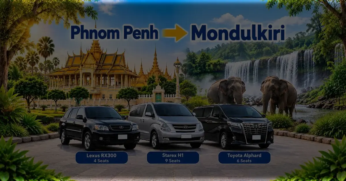 Phnom Penh to Mondulkiri Taxi – Cambodia Tour Taxi private transfer service with comfortable vehicles connecting Phnom Penh to Mondulkiri, Cambodia.