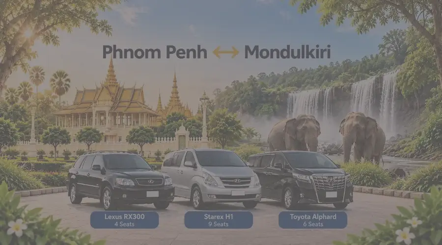 Phnom Penh to Mondulkiri Taxi – Cambodia Tour Taxi private transfer service with comfortable vehicles connecting Phnom Penh to Mondulkiri, Cambodia.