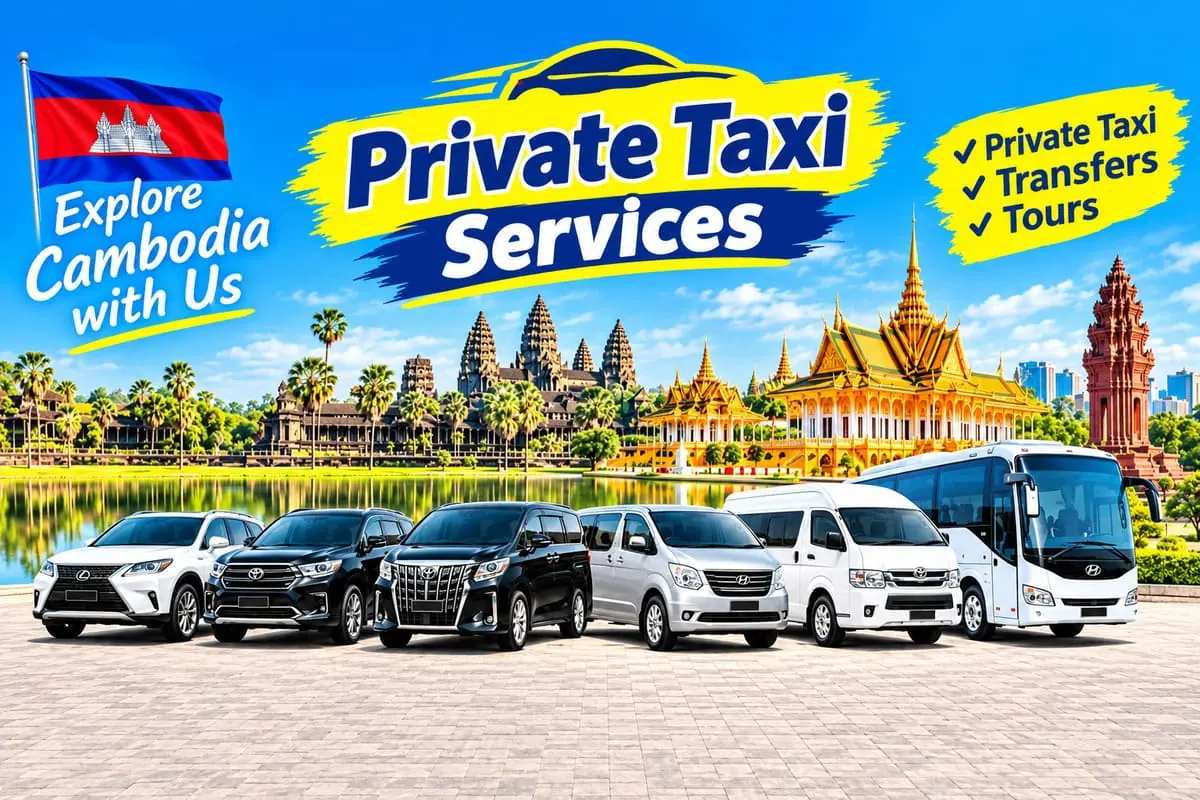 Cambodia tour taxi services with private cars, vans, and buses in front of Angkor Wat and Phnom Penh landmarks, offering taxi transfers and tours.