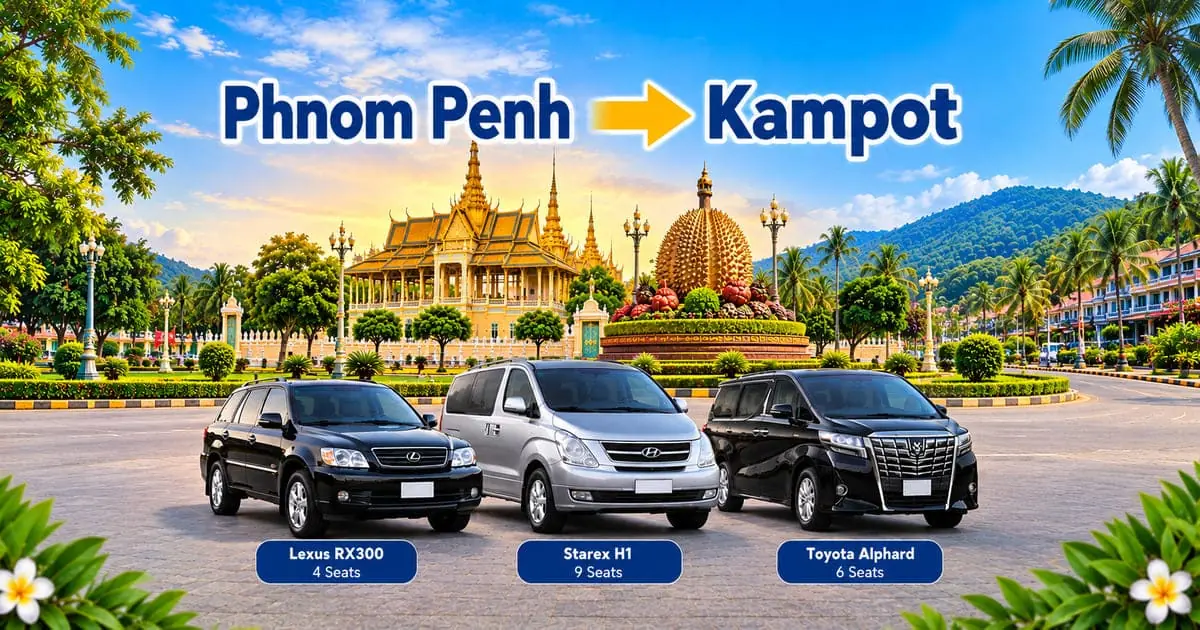 Phnom Penh to Kampot Taxi – Cambodia Tour Taxi private transfer service with comfortable vehicles connecting Phnom Penh to Kampot, Cambodia.