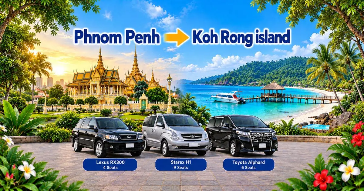 Phnom Penh to Koh Rong Port Transfer – Cambodia Tour Taxi private taxi service transporting travelers from Phnom Penh to the Sihanoukville ferry port for onward travel to Koh Rong Island, Cambodia.