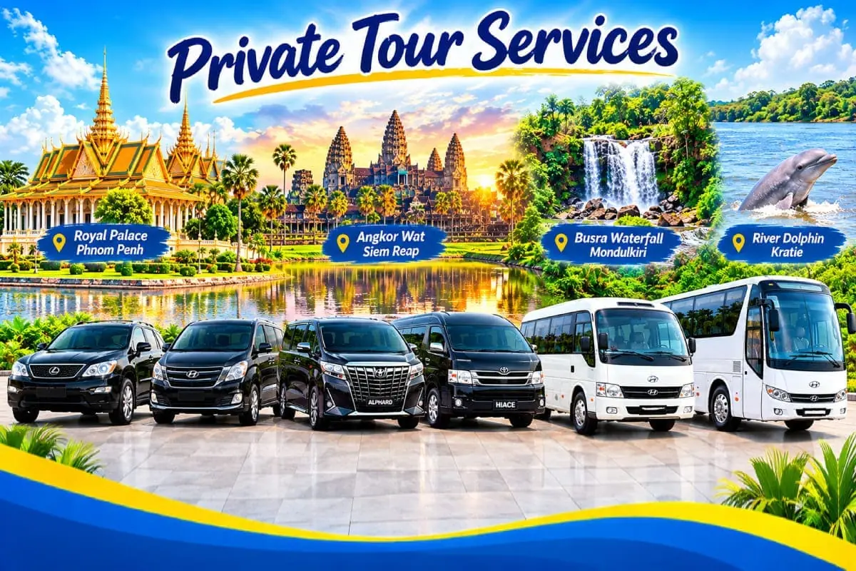 Cambodia Tour Taxi private tour services featuring Royal Palace in Phnom Penh, Angkor Wat in Siem Reap, Busra Waterfall in Mondulkiri, and river dolphins in Kratie, with comfortable private vehicles for exploring Cambodia.